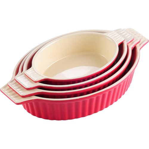 Plats À Four En Ceramique,Lot De 4 Plats À Gratin Avec Poignées Pour Cuisson 2000ml 1390ml 1100ml 700ml,Plats En Porcelaine Rouge Pour Four,Passe Au Lave-Vaisselle,Série Bake.Bake.[K665]