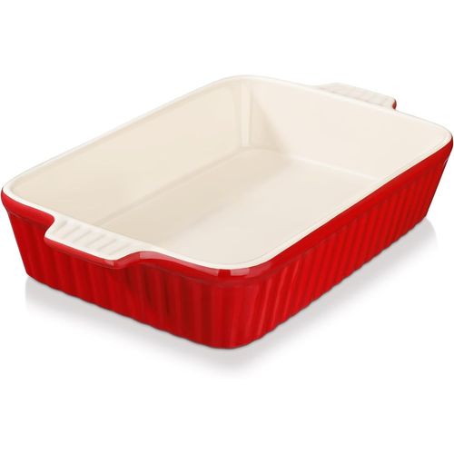 Plat À Four Rectangulaire En Porcelaine,Grand Plat À Gratin Avec Poignées Pour Cuisson 3000ml,37,5 X 6,5 Cm Plat En Porcelaine Rouge,Passe Au Lave-Vaisselle,Série Bake.Bake