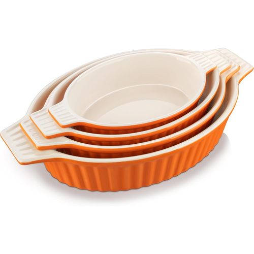 Plats À Four En Ceramique,Lot De 4 Plats À Gratin Avec Poignées Pour Cuisson 2000ml 1390ml 1100ml 700ml,Plats En Porcelaine Orange Pour Four,Passe Au Lave-Vaisselle,Série Bake.Bake