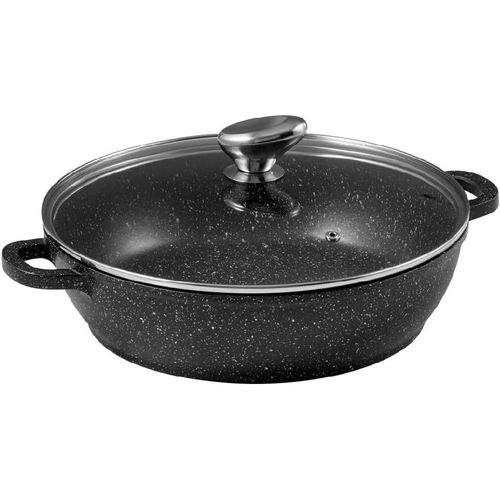 PCUI001016-Mijoteuse Fonte d'Aluminium Premium Ø28cm,Couvercle Verre-Revêtement Anti-Adhésif Façon Pierre-Poignée Amovible-Tout Feu,Noir.[K978]