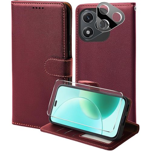 Case For Honor 400 Lite 5g With Tempered Glass And Protective Camera,Premium Pu Leather Protective Case,[Rfid Blocking] [Card Slots] Magnetic Flip Case-Red