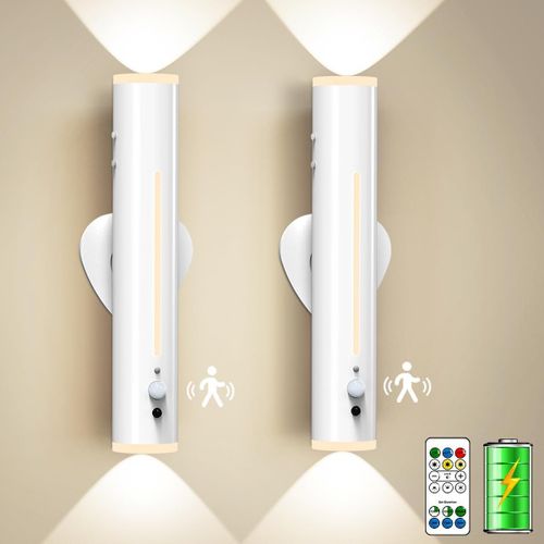 Applique Murale Intérieure Sans Fil, 2 Psc Lampe Led Detecteur Mouvement Rechargeable, Magnetique Métal Télécommande, Appliques Murale Pile Pour Chevet, Chambre, Salon, Couloir, Exterieur