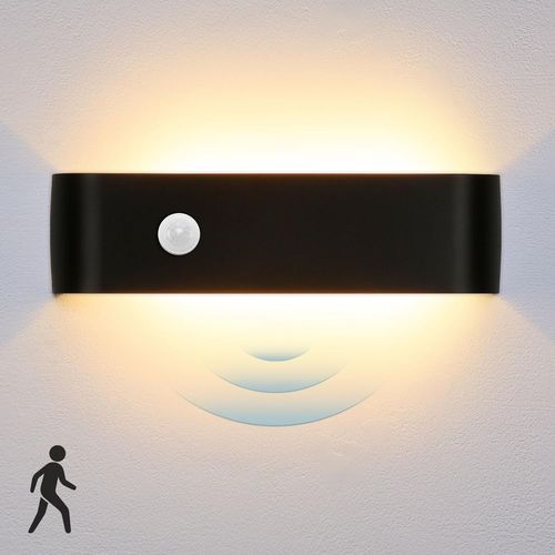 Applique Murale Intérieure LED Detecteur De Mouvement16W Blanc Chaud 3000K Lampe Murale Sans Fil Aluminium Luminaire Mural Chambre Salon Cuisine Couloir Escalier Hôtel Hall Entrée-Noir