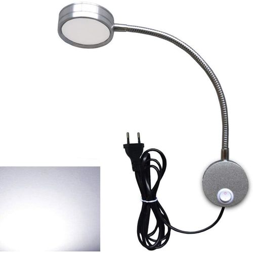 5W EU plug Lampe de lecture flexible lampe de chevet LED avec interrupteur ON/OFF et prise filaire, lampe murale à col de cygne pour chambre bureau hôtel, 6000K (Argent-Blanc froid)