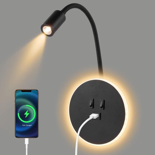 Applique LED, Lampe de Lecture de Chevet à Col de Cygne, Applique de Chevet RéGlable Avec Port de Chargement USB, Applique de Couloir (Lumière Chaude 3W + 9W) (Black)