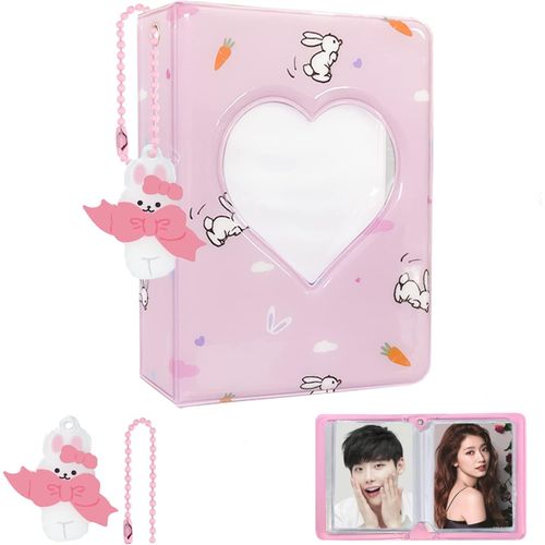 Kpop 3 Inch Photo Card Binder,Kpop Mini Photo Album For Photocards,Hollow Kpop Photo Album For Kpop Photocards With Cute Pendant(40 Pockets,Pink)