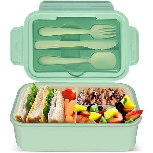 Boîte À Déjeuner Bento De 1400 Ml Avec 3 Compartiments Pour Adultes-Boîte À Déjeuner Avec Ensemble De Couverts-Boîte À Sandwich Sans Bpa Pour Enfants,École,Maternelle,Bureau (Vert)