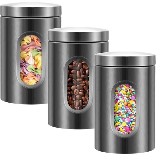 Lot De 3 Boîtes De Rangement En Acier Inoxydable Avec Fenêtre Transparente Pour Comptoir De Cuisine,Café,Thé,Noix,Farine,Sucre (Gris)