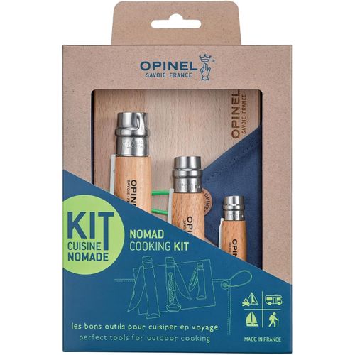 Kit Cuisine Nomade-Couteau Cranté + Tire-Bouchon Décapsuleur + Éplucheur + Planche à Découper + Serviette-Lame Acier Inox,Manche Bois de Hêtre