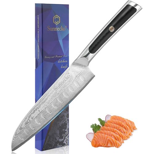 Couteau Cuisine Santoku Japonais 18cm,Couteau De Cuisine Professionnel En Acier Damas 73 Couches Poignée G10,Pour Poisson Viande Légume