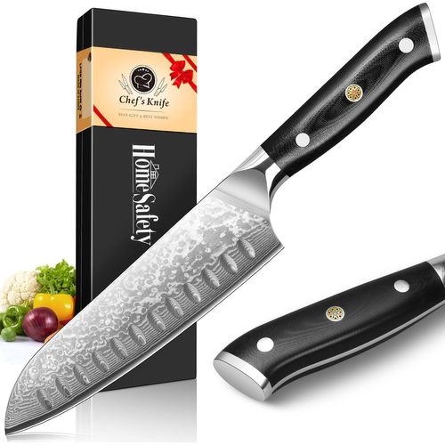 Couteau de Damas de Santoku,Couteau Japonais Professionnel de 67 Couche Acier,Lame de 17.5 cm Couteaux de Cuisine,Ergonomique Handle