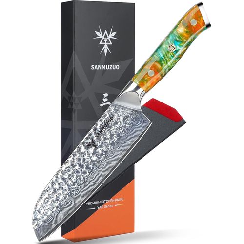 Couteaux Santoku-Couteau De Chef Japonais-Lame En Acier Damas Martelé De 18cm Et Manche En Résine-Série Yao