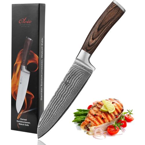 Edib Couteau Santoku En Damas I Lame Tranchante De 17 Cm En Acier Damassé À 67 Couches Avec Noyau Vg10 Et Manche En Bois De Pakka I Couteau De Cuisine Professionnel & Couteau Damassé