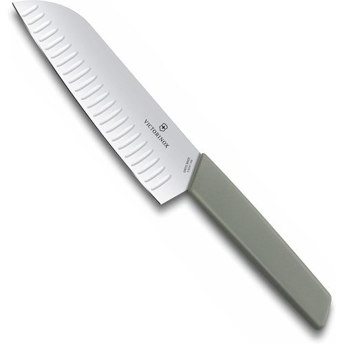 Swiss Modern,Couteau Santoku Professionnel,Lame Extra-Tranchante,Lame Alvéolée,17 Cm,Manche Plastique,Acier Inoxydable,Vert Olive