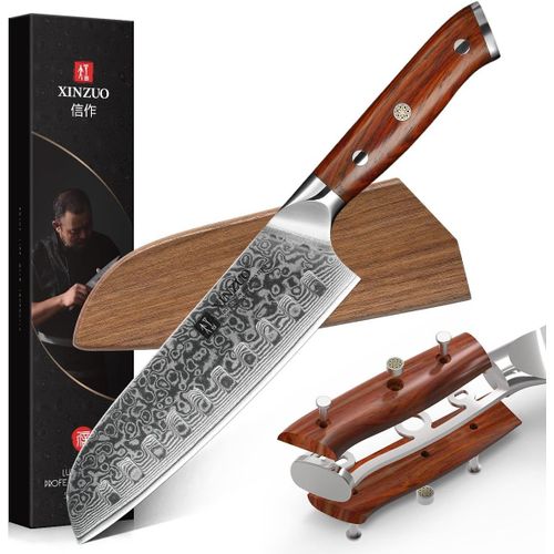 18cm Couteau Santoku Acier Damas,Couteau De Cuisine Professionnel,Multifonctions Couteau De Chef Couteau À Légumes- Poignée En Bois De Rose- Avec Gaine Magnétiqueen Bois De Noyer