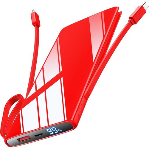 Batterie Externe Charge Rapide 30w 10000mah Power Bank Usb C Input Output Cable Intégré Chargeur Externe, Led Display Petite Batterie Portable Powerbank Pour Iphone, Samsung, Xiaomi, Tablets Rouge