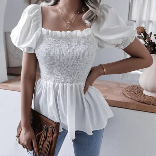 Femmes Top Col Carré Court Manches Bouffantes Casual Volants Ourlet Chemisier Blouse Polyester Pour Été Blanc Xl