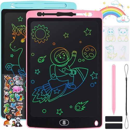 2 Pack Tablette D'écriture LCD 10 Pouces,LCD Tablette Dessin avec Ecran Coloré,Bloc D'écriture Effaçable avec des Autocollants D'animaux,pour Garçons et Filles de 3 4 5 6,Bleu + Rose