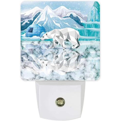 Veilleuse Led A Brancher, Reflet Du Glacier De L'ours Polaire Sur La Geometrie Du Marbre, Lampe De Nuit Avec Capteur De Mouvement Du Crepuscule A L'aube Pour Chambre A Coucher, Cuisine...