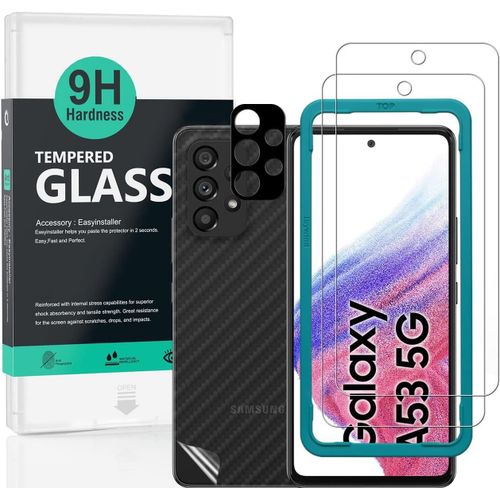 2 Pièces Verre Trempé De Protection Pour Samsung Galaxy A53 5g 6.5"",Avec Métal Protecteur D'écran De Caméra,Protection Arrière Effet Fibre De Carbone
