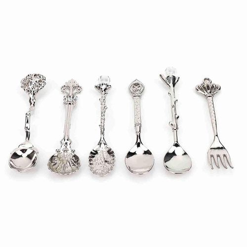 6 Pcs/Set Innovant Vintage Rétro Alliage De Zinc Cuillères Fourchette Ensemble Couverts Accessoire De Cuisine Argent (Couronne Fourchette Poignée)