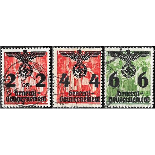 Pologne, Occupation Allemande, General Gouvernement 1940, Beaux Timbres Yvert 30 31 32, Timbres Polonais D'Avant Guerre Surchargés Grand Aigle, Croix Gammée Et Nouvelle Valeur, Oblitérés, Tbe.