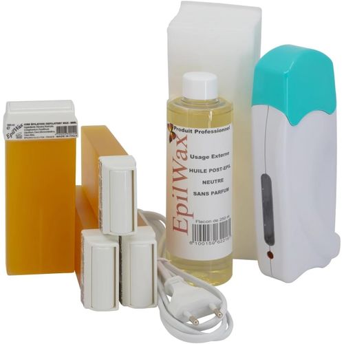 Kyaoayo-Kit Chauffe Cire Épilation Professionnelle Avec 4 X Recharges Roll On Cire Miel, 100 X Bandes D'épilation Et Huile Après Épilation - Gamme Solo Basique