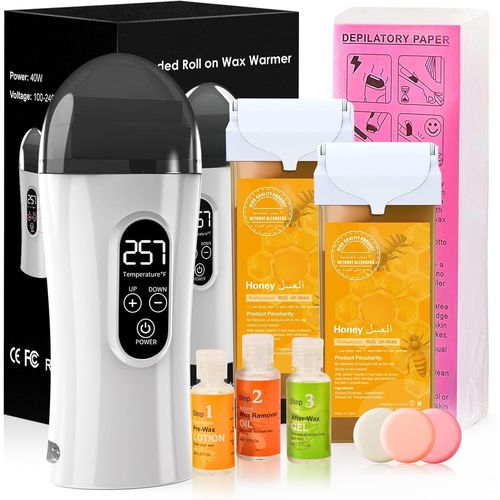 Kyaoayo-Roll On Cire Epilation, Kit Chauffe Cire Épilation Professionnelle Avec 2 Miel Cartouches De Cire, 100 Bandes Epilation, Kit De Traitement Pré- Et Post-Épilation,Kit D'épilation Pour Grandes