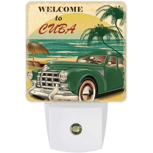 Veilleuse Led A Brancher, Bienvenue A Cuba, Voiture Antique, Capteur De Mouvement Du Crepuscule A L'aube, Lampe De Nuit Pour Chambre A Coucher, Cuisine, Couloir, Escaliers