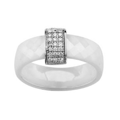 Bague Argent Rhodié Anneau Céramique Facette Blancs Barrette Oxydes Micro-Sertis Blancs