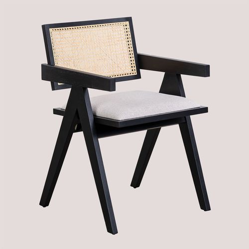 Pack De 2 Chaises De Salle À Manger Rembourrées Avec Accoudoirs En Bois De Frêne Et Rotin Lali Noir Uni