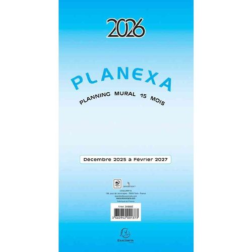 Exacompta Planning Planexa 5 Volets 180x330 15 Mois 330x900 Mm