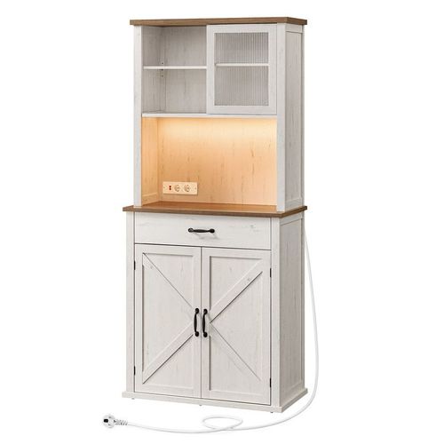 Meuble De Rangement Avec Lumières Et Chargeur, Avec Portes Et Tiroirs, Buffet, Meuble À Café, Étagères Réglables, Style Campagne, Blanc Rustique