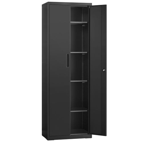 Meuble De Rangement Bureau, En Acier, Placard, 5 Niveaux, Doubles Portes, Serrure, Armoire À Outils, Étagères Réglables, Noir Mat