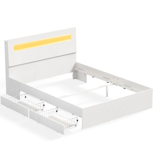 Lit Avec 2 Tiroirs Coulissants 140 X 190 Cm, Lit Double, Cadre De Lit, Avec Led, Multiprise, En Mdf Et Acier, Sans Sommier, Blanc Mat