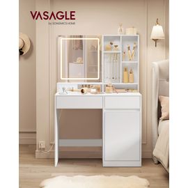 Coiffeuse Avec Tabouret De Coiffeuse, Avec Miroir Et Lumière, Prise De Courant, Largeur De 90 Cm, Chaise Rembourrée, Blanc Nuage Et Rose Bonbon