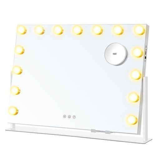 Miroir De Maquillage Avec Lumières, 15 Ampoules Led, Miroir Grossissant Détachable 10x, 3 Températures De Couleur, Support De Téléphone, Blanc Mat 