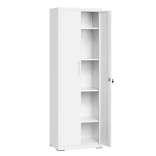 Meuble De Rangement Bureau, En Acier, Placard, 5 Niveaux, Doubles Portes, Serrure, Armoire À Outils, Étagères Réglables, Blanc Mat