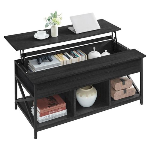 Table Basse, Avec Rangement Ouvert Et Compartiment Caché, Barres En Forme De X, 60 X 120 X (48-62) Cm, Gris Anthracite Et Noir