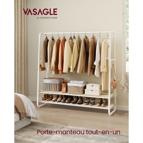 Portant À Vêtement, Porte-Manteaux, Armoire, Vestiaire, Avec 2 Étagères, 6 Crochets En Forme De S, Cadre En Acier, 45 X 138 X 160 Cm, Pour Chambre, Beige Naturel Et Blanc Mat