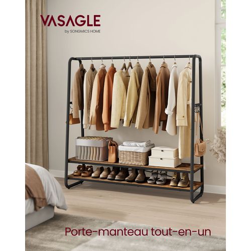 Portant À Vêtement, Porte-Manteaux, Armoire, Vestiaire, Avec 2 Étagères, 6 Crochets En Forme De S, Cadre En Acier, 45 X 138 X 160 Cm, Pour Chambre, Marron Rustique Et Noir