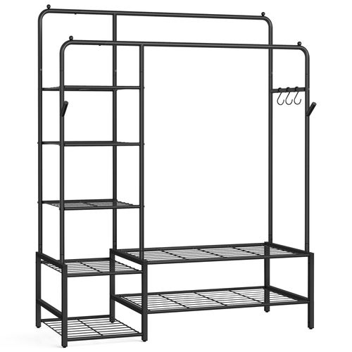 Portant À Vêtements, Armoire Penderie Ouverte, Porte-Manteau Avec 7 Étagères, Cadre En Métal, Tringles, Pour Chambre, Salon, Entrée, Noir