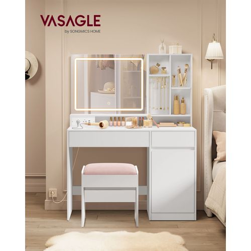 Coiffeuse Avec Tabouret De Coiffeuse, Avec Miroir Et Lumière, Prise De Courant, Largeur De 110 Cm, Chaise Rembourrée, Blanc Nuage Et Rose Bonbon