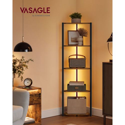 Étagère D'angle À 5 Niveaux, Meuble De Rangement Avec Cadre En Acier, 24,8 X 48 X 146,6 Cm, Pour Salon, Chambre, Bureau, Marron Rustique