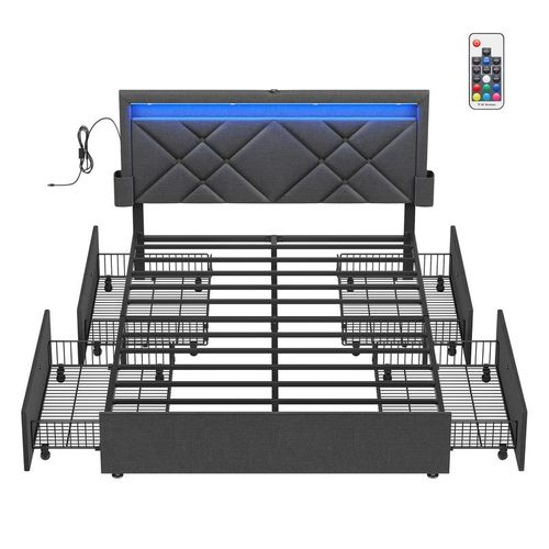 Lit Double, 140 X 190 Cm, Avec Led, En Métal, 4 Tiroirs, Multiprise, Tête De Lit Rembourrée Ajustable, Pas Besoin De Sommier, Gris Ardoise Et Noir Mat