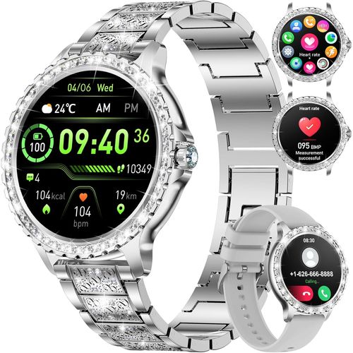 Kyaoayo-Montre Connectée Pour Femme, Appels Bluetooth, Android, Ios, Montre De Sport, Fitness, Avec Tracker, Écran Tactile Full Hd 1,32¿, Moniteur De Fréquence Cardiaque, Diamant, En Acier, Argenté
