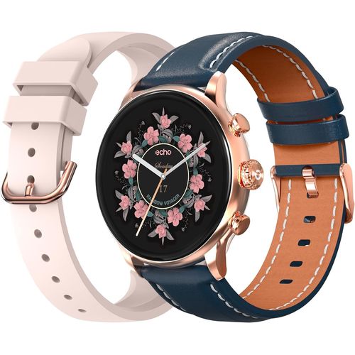 Kyaoayo-Rainbow Voyager-Montre Connectée Femme Amoled 1.43'' Or Rose-Appel Bluetooth/Sans Fil & Capteurs Santé-Modes Sport Avec Coaching-2 Bracelets Cuir Microfibre & Gomme-Légère & Étanche-Android/I