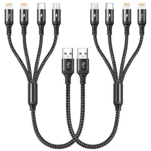 Kyaoayo-Câble Multi Usb [35cm/Lot De 2], 4 En 1 Cable Multi Chargeur Charge Rapide Sync Des Données En Nylon Avec Type C Lightning Micro Usb Câble Pour Phone 15/14/13, Samsung Galaxy & Plus