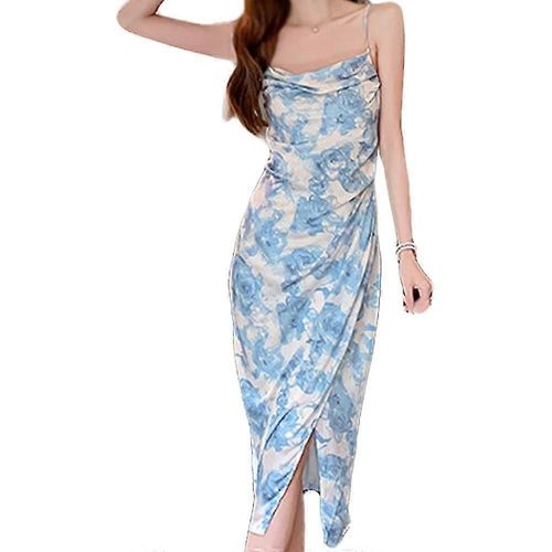 Robe Sans Manches À Bretelles Spaghetti Et Imprimé Floral Pour Femme, Fendue Sur Le Côté, À Volants Et À Nouer