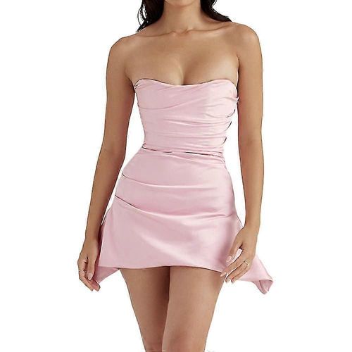 Robe Courte Moulante Rose Sans Manches Pour Femme, Décolletée, Épaules Dénudées, Froncée, Tenue De Soirée